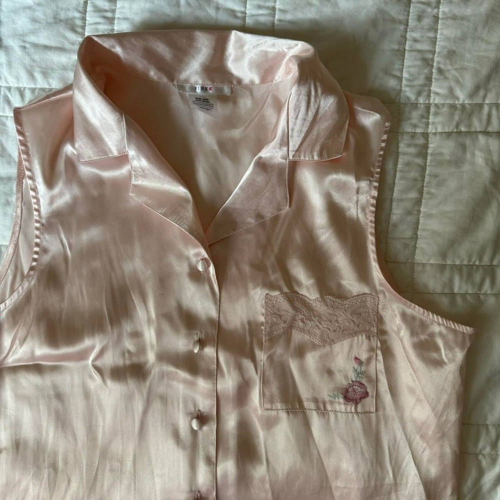 Pink k pastel pastel satin pajama button top XL lace cottage coquette regency